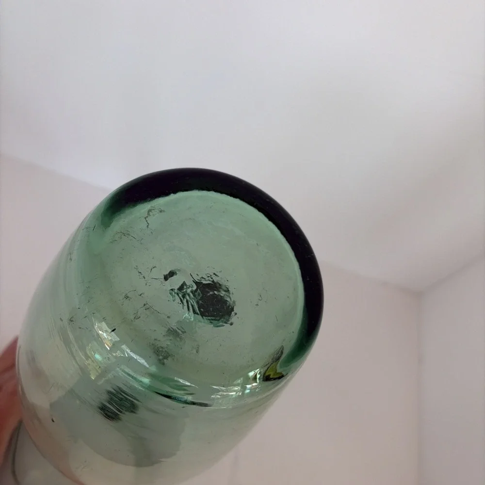 Water Pitcher Carafe with Handle Art Glass Hand Blown Jug Bubbles Green- VTG